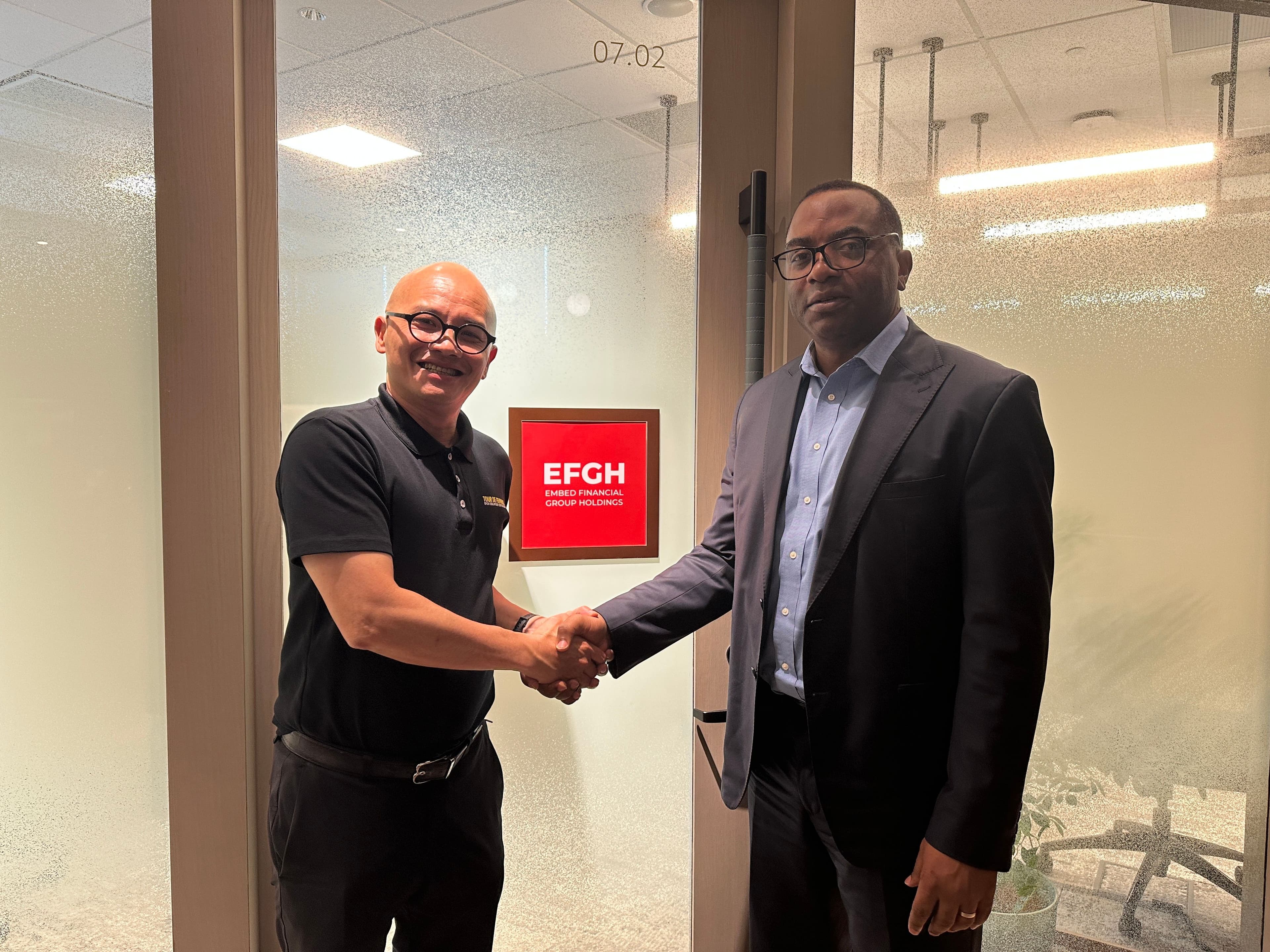 Dennis Ng (left), Executive Chairman of EFGH, with David Tshilumba Mutombo (right), Chief Executive Officer of REGIDESO, at the EFGH headquarters in Singapore. PICTURE: EFGH